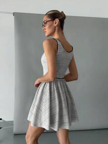 SHEIN Essnce Women's Spring/Summer Gingham Square Neck Sleeveless Mini Dress, Fashionable - Grey - View 2