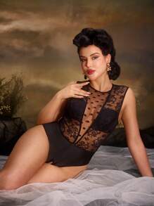 Bộ đồ liền thân ren chấm bi bóng loáng gợi cảm Retro Palace dành cho nữ - màu đen - Xem 8