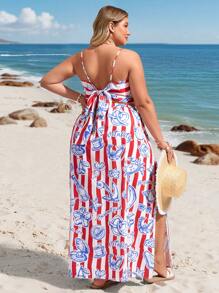 SHEIN VCAY Plus Size Holiday Island Romantic Casual Navy Red Ocean Shell Tie-Back Bow Cami Matching Long A-Line Slit Hem Skirt 2 Pieces Set, Spring/Summer, Sailor Style South Beach Outfits Coast Outfits Summer South Beach Outfits Easter Outfit Women Rave Outfits Country Concert Outfit Nashville Outfits Coachella Outfits Ibiza Outfits Vacation Two Pieces Set Tropical