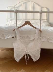 Comfortcana Camiseta sin tirantes para mujer de unicolor con bordado calado y cordones, para uso casual en vacaciones - Blanco - Ver 5