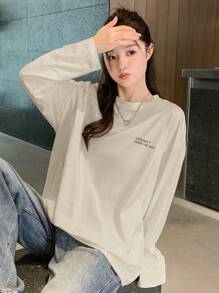 DAZY Của phụ nữ Trở lại In bờ biển Tay áo dài Áo thun - Màu be - Xem 4