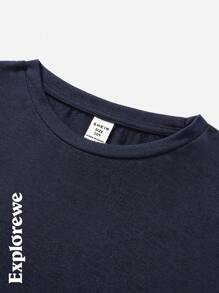 Tween Boy 户外运动时尚字母印花靛蓝圆领短袖 T 恤，夏季