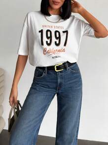 EURMUSE 女士字母图案短袖 T 恤正面印有文字外出 - 奶油色 - 查看 4