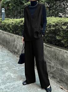 FRIFUL 2件組女款高領純色長袖上衣與長褲套裝，極簡時尚居家休閒套裝 - 黑色 - 查看 7
