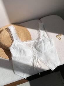 Comfortcana Camiseta sin tirantes para mujer de unicolor con bordado calado y cordones, para uso casual en vacaciones - Blanco - Ver 3