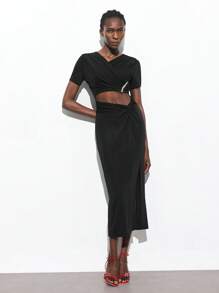 Maija Áo crop top hở vai tay ngắn màu đen mới 2025, đơn giản thời trang đa năng phong cách mùa hè lễ hội âm nhạc kỳ nghỉ bãi biển giản dị lãng mạn khu nghỉ dưỡng đô thị thích hợp cho tiệc đi chơi tiệc cưới khách mời mùa tốt nghiệp cổ điển - màu đen - Xem 7