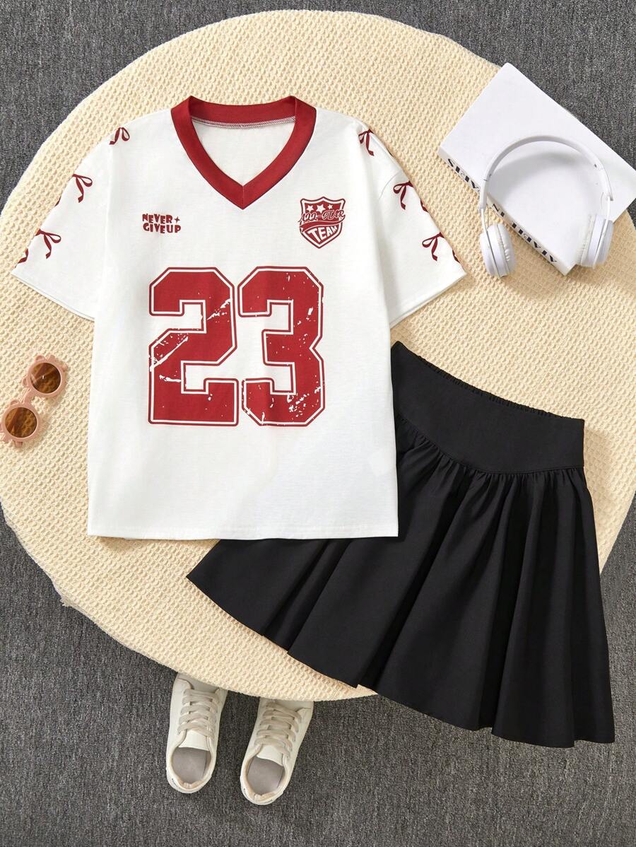 SHEIN Explorewe 2件套女童蝴蝶结字母V领黑色T恤和粉色裙子 - 彩色 - 查看 1