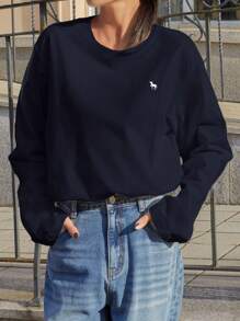 DAZY Letter Embroidery Drop Shoulder Tee,Fall Clothes Long Sleeve Women Tops - Navy Blue - View 5