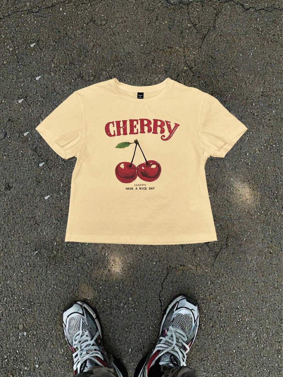 Manfinity VCAY 1 件装 男士 Y2K 服饰趣味休闲高街复古风格樱桃图案 T 恤 返校秋季服饰 万圣节服饰 - 黃色 - 查看 1