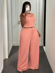 Slaydiva 2pcs Plus Size Women Solid Crew Neck Camisole And Wide Leg Pants Knit Casual Set - Orange - View 1