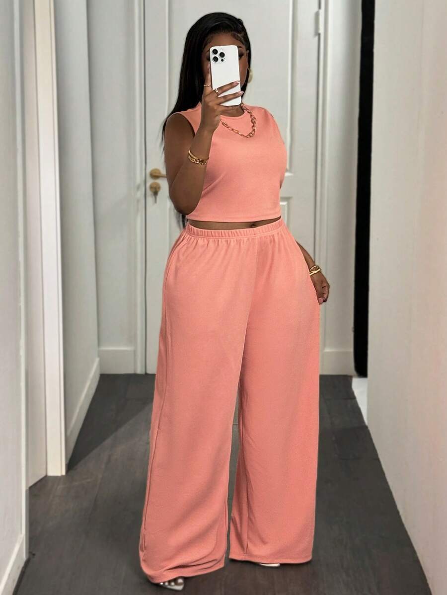 Slaydiva 2pcs Plus Size Women Solid Crew Neck Camisole And Wide Leg Pants Knit Casual Set - Orange - View 1
