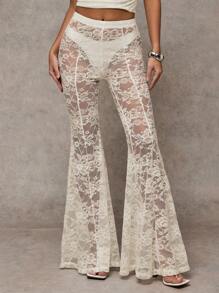 SHEIN BAE Pantalones anchos y acampanados de encaje transparente negro, sexy, para salir de noche/fiestas de música electrónica/clubes/despedidas de soltero/fiestas temáticas, estilo años 70 - Albaricoque - Ver 3