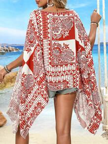 Swim Lushoire Geometric Retro Pattern Reversible Women Chiffon Beach Vacation Cover Up For Summer - Red - View 2