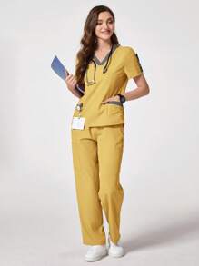 TaskEZ 2pcs Women's Contrast V-Neck Short Sleeve Pocket Top And Pants Scrub Uniform Set - Yellow - View 8