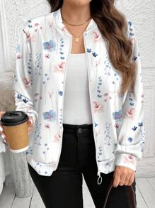 SHEIN LUNE Plus Size Casual Retro Floral Pattern Jacket, Suitable For Spring Outings Autumn And Winter Fall - White - View 5