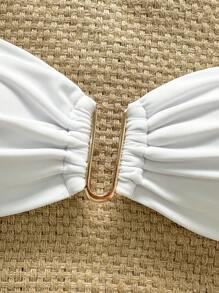 Swim Mod Springbreak 女士夏季纯色抹胸金属装饰上衣和丁字裤比基尼 2 件套，简约 - 白色 - 查看 5