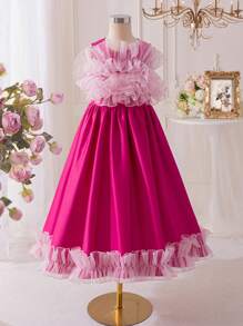 SHEIN Leap Crew Tween Girl Elegant Round Neck Sleeveless Ruffle Waist A-Line Midi Dress - Pink - View 7