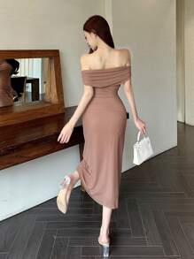 DAZY Off Shoulder Solid Ruched Side Mesh Overlay Homecoming Dress Elegant Sundress,Dress For Wedding,Back To School Clothes - Dusty Pink - View 4