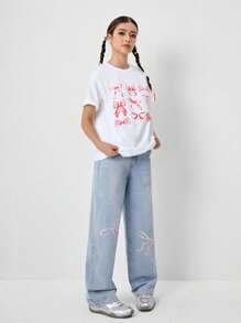 Set de 2 piezas: Camiseta holgada con lazo estampado y jeans de pata ancha bordados para niñas preadolescentes, ropa diaria cómoda y de moda - Blanco - Ver 7
