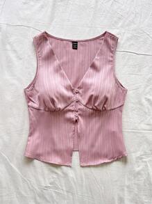 Soleia WYWH Kỳ nghỉ dành cho nữ DU LỊCH Màu trắng họa tiết thông thường xếp nếp Deep V Tank Top cho mùa hè - Bụi hồng - Xem 4