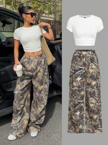 SHEIN EZwear 2pcs/Set Plus Size White Top T-Shirt And Printed Pants - Multicolor - View 1