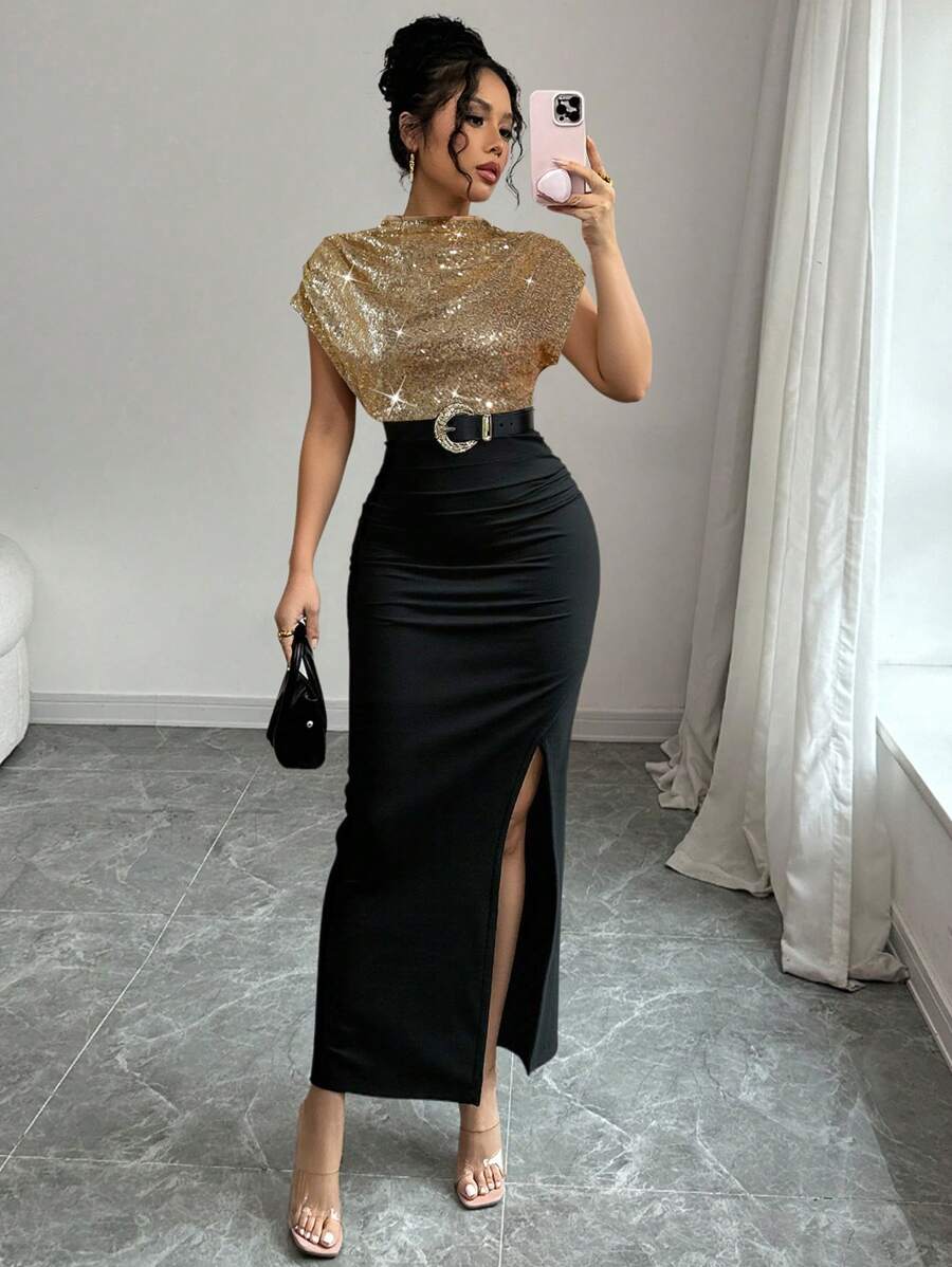Rafferiza 女士优雅撞色无袖领口亮片连衣裙，适合派对、约会、聚会、宴会 - 黑色和金色 - 查看 1