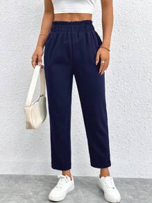 SHEIN PETITE Pantaloni a vita elastica a vita alta e gamba corta, di colore unito, minimalista e di stile