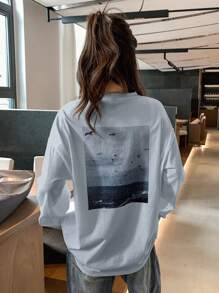 DAZY Women's Long Sleeve Drop Shoulder T-Shirt With Slogan Print - Blue - View 6