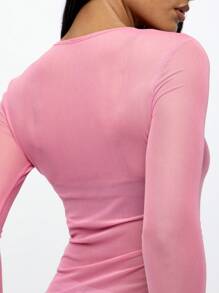 SUMWON WOMEN 长袖网眼透视短款上衣修身俱乐部服装节日时尚 Y2K 俱乐部派对透明垃圾摇滚风格分层必备单品 - 粉色 - 查看 7