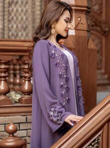 Layrah Handmade Spinach Root Color Flower Beaded Robe Abayas - Red Violet - View 6