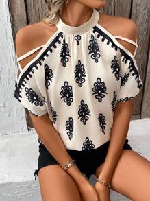 SHEIN Clasi Camiseta de mujer de encaje en color albaricoque con cuello alto hueco y hombros abiertos de diseño elegante y casual - Albaricoque - Ver 5