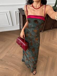 EastFlair Floral Print Spaghetti Strap Backless Split Dress Chinese Style Patterns