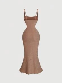 SHEIN MOD Women Brown Pleated Bust Fishtail Hem Long Dress,Beach Women Outfits, New Year Party Dress,New Year Eve Dress,Holiday Dress, Women Dress,Brown New Year,Holiday Party Women Dress,Brown Dress,Formal Dress - Mocha Brown - View 2