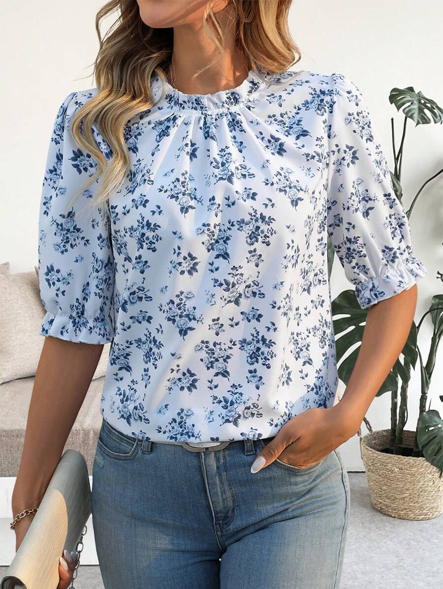 EMERY ROSE Damen Sommer Boho Stil Bluse mit Rüschensaum