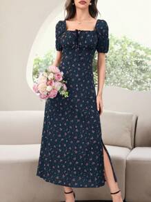 Modelyn 女士方领碎花开衩节日夏季短袖连衣裙长款晚礼服 - 藏蓝色 - 查看 4