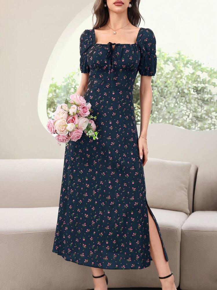 Modelyn Women's Square Neck Ditsy Floral Slit Holiday Summer Short Sleeve Dress Long Evening Dresses - Navy Blue - View 4