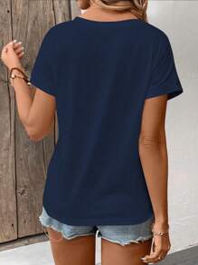 SHEIN LUNE Women V-Neck Short Sleeve Solid Color Casual T-Shirt, Suitable For Summer - Navy Blue - View 2