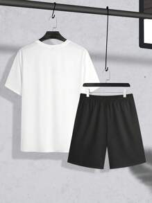 Manfinity Homme Plus Size Men's Letter Graphic Crew Neck Short Sleeve Casual T-Shirt And Drawstring Waist Shorts Set