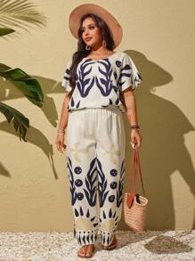 SHEIN Clasi Áo thun cổ tròn tay ngắn họa tiết hình học cỡ lớn cho nữ và quần dài trang phục mùa hè, phù hợp cho Ngày lễ Thánh Patrick, Rave, Lễ hội, Kỳ nghỉ xuân, Phong cách Boho - Nhiều màu - Xem 3