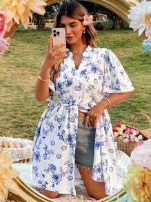 Flirla Plus Size Women V-Neck Short Sleeve Mid-Long Casual Blouse, Spring/Summer - Blue and White - View 5