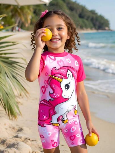 SHEIN Young Girls Cute Gradient Heart Unicorn Print Short Sleeve One-Piece Swimsuit,Suitable For Summer Beach Vacation, Swimming Pool, Surfing, Swimming Summer Holiday