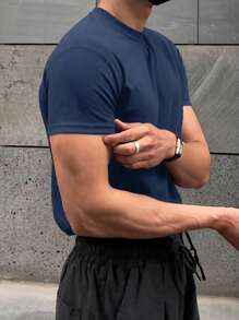 Men's Plain Cotton Crew Neck T-Shirt - Blue - View 2