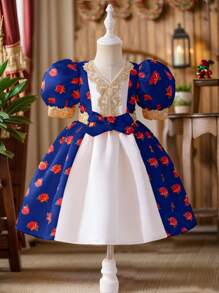 SHEIN Young Girls Purple Floral Print Princess Dress With Puff Sleeve, Suitable For School, Party, Decoration, Girls Daily Wear, Family Occasions And Special Celebrations