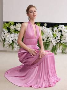 MOTF Soiréza CONTRAST LACE PLEATED HALTER DRESS - Pink - View 5