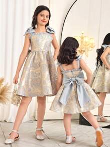 SHEIN 青少年女孩珍珠肩蝴蝶结后背蝴蝶结派对连衣裙，无袖