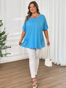 SHEIN CURVE+ Áo thun cổ tròn in hoa nhiều màu tay cánh dơi có túi cỡ lớn - Xanh đậm - Xem 5