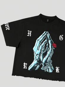 ROMWE MEN Street Life Men's Street Heavy Weight Boxy Fit Distressed Print T-Shirt - Black - View 3