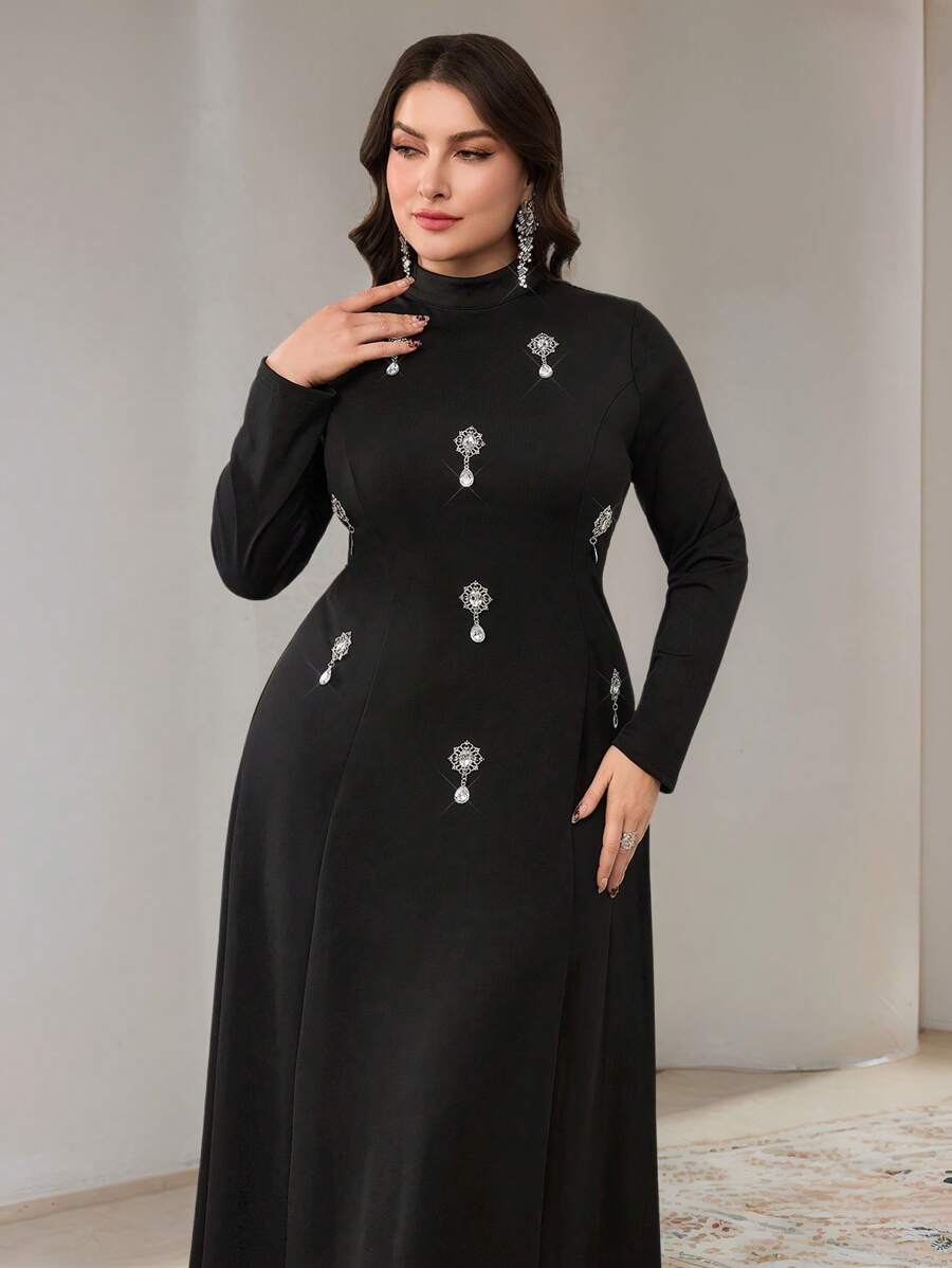 Veilorie 大码女式水钻装饰高领长袖阿拉伯风格连衣裙