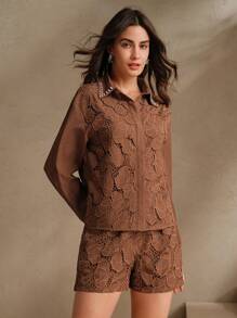 Anewsta 优雅精致的水钻刺绣镂空两件套春季 - 棕色 - 查看 6