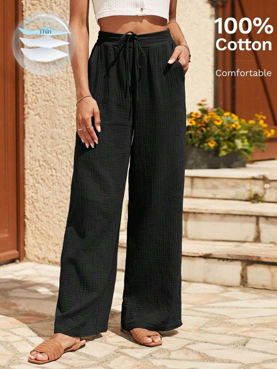 SHEIN Frenchy Drawstring Waist Wide Leg Trousers - Black - View 1